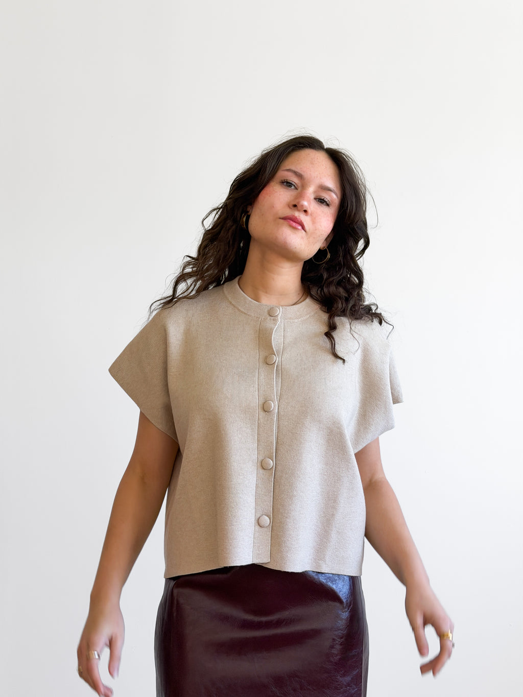 PINCH Hope Oatmeal Button Down Cap Sleeve Cardigan Top