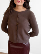Holly Rib Knit Buttoned Long Sleeve Cardigan Top (Brown)