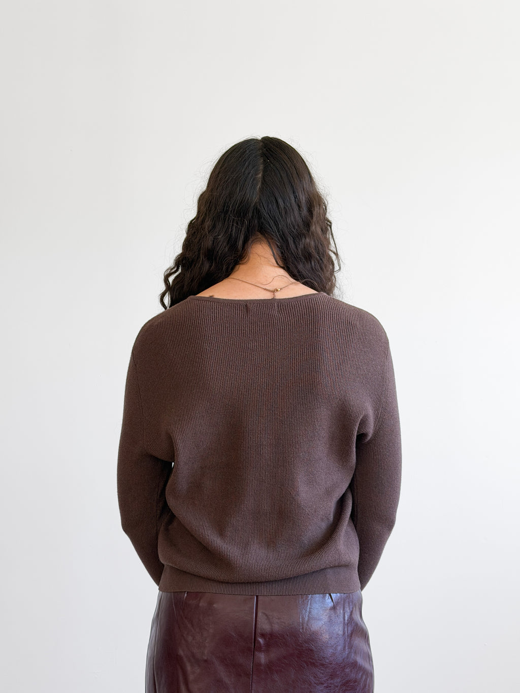 Holly Rib Knit Buttoned Long Sleeve Cardigan Top (Brown)