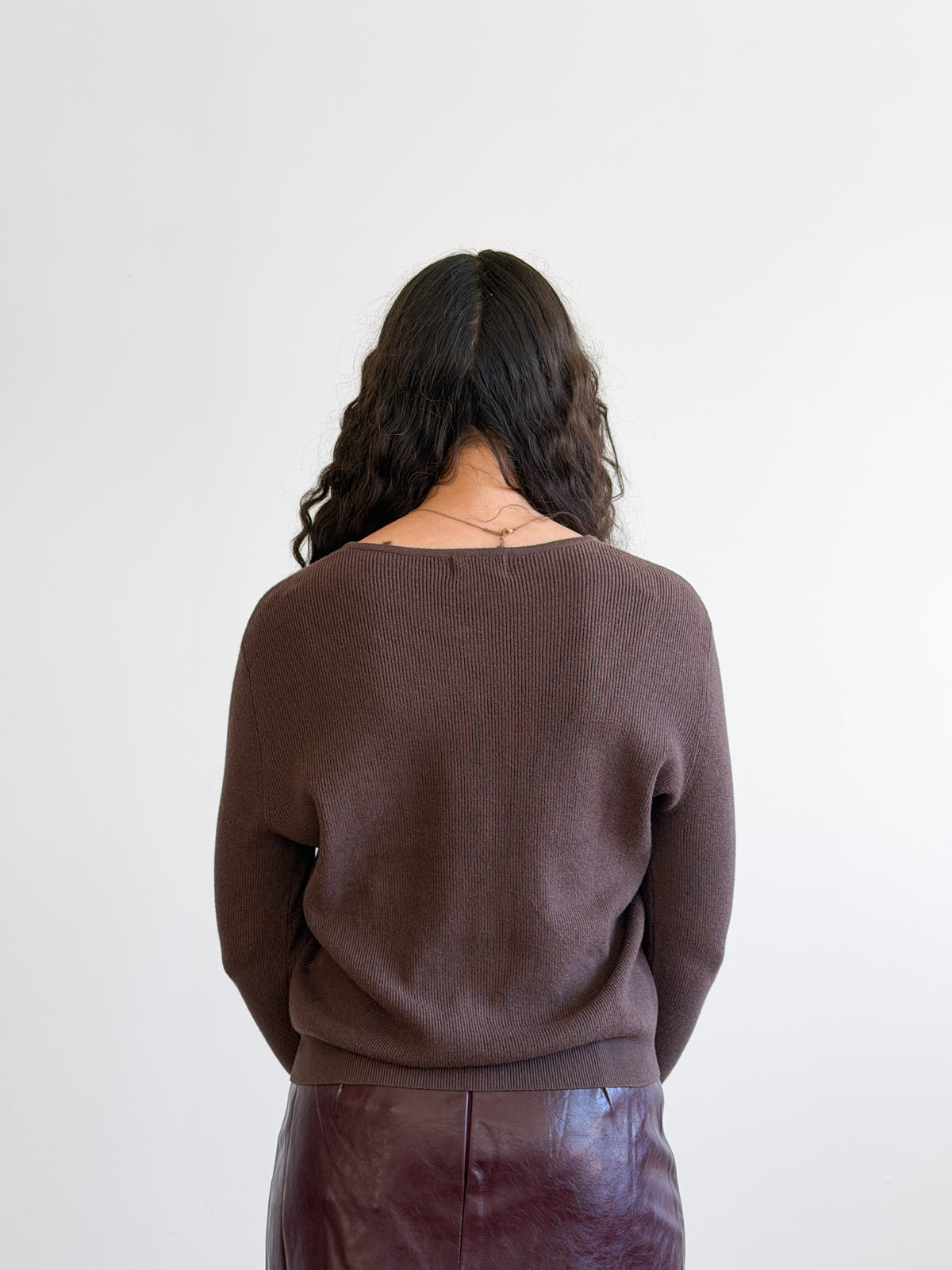Holly Rib Knit Buttoned Long Sleeve Cardigan Top (Brown)