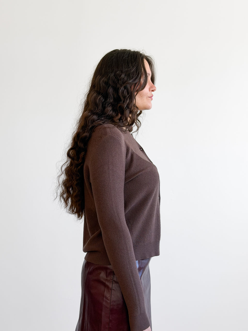 Holly Rib Knit Buttoned Long Sleeve Cardigan Top (Brown)