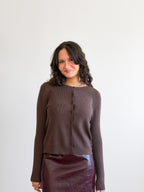 Holly Rib Knit Buttoned Long Sleeve Cardigan Top (Brown)