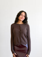 Holly Rib Knit Buttoned Long Sleeve Cardigan Top (Brown)