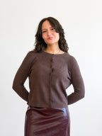 Holly Rib Knit Buttoned Long Sleeve Cardigan Top (Brown)