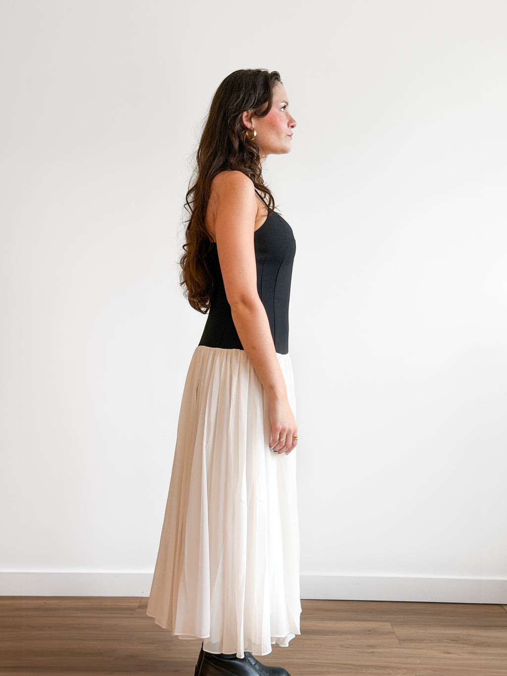 Lucy Paris Isabella Black and Cream Drop Waist Sleeveless Midi Dress