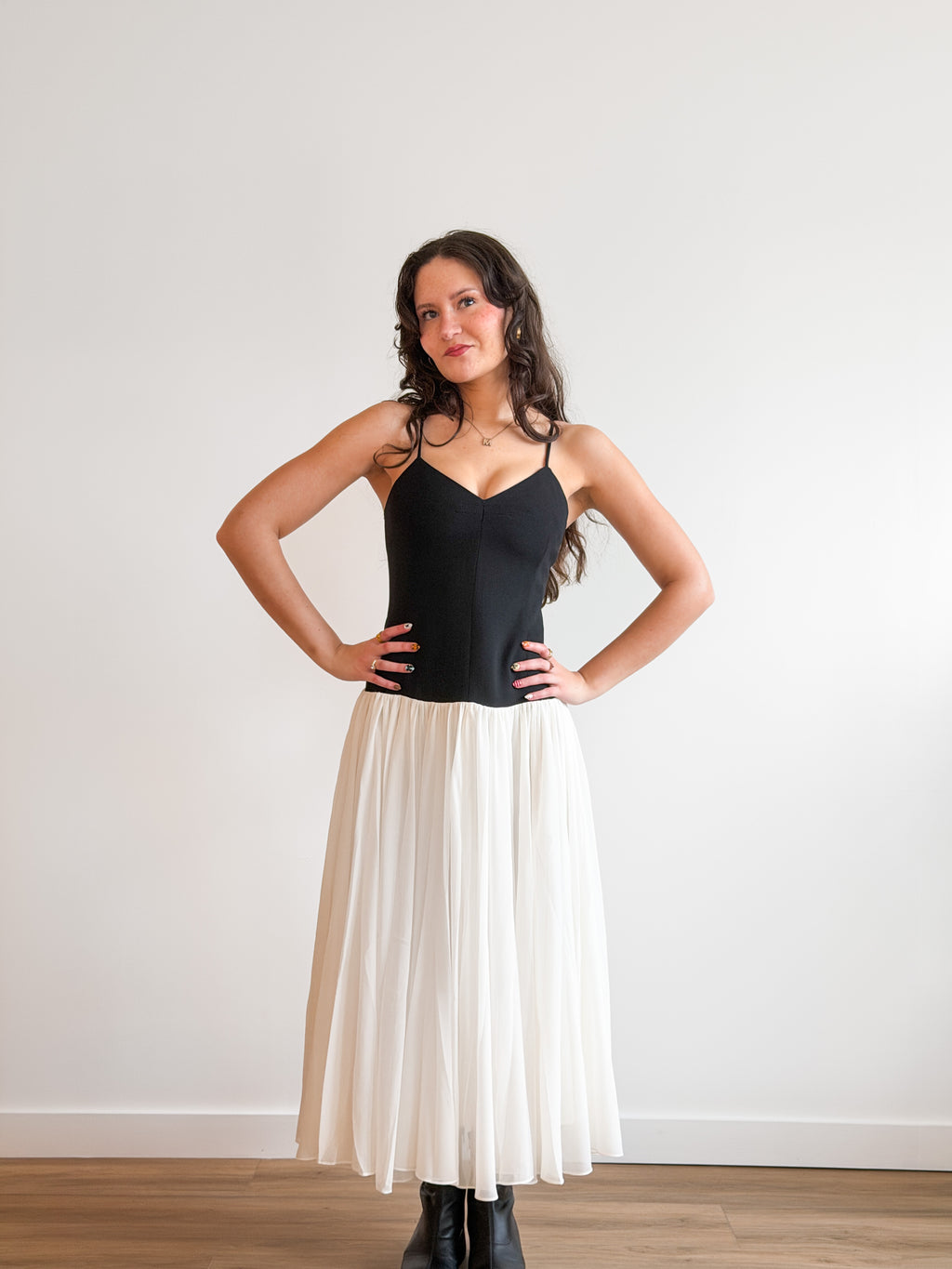 Lucy Paris Isabella Black and Cream Drop Waist Sleeveless Midi Dress