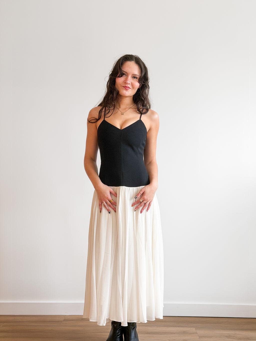 Lucy Paris Isabella Black and Cream Drop Waist Sleeveless Midi Dress