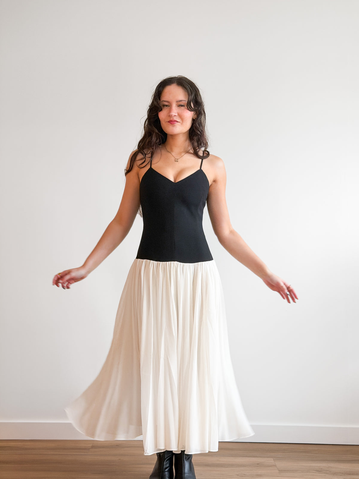 Lucy Paris Isabella Black and Cream Drop Waist Sleeveless Midi Dress