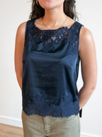 Hensley Lace Trim Sleeveless Satin Top (Navy)