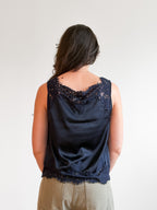 Hensley Lace Trim Sleeveless Satin Top (Navy)