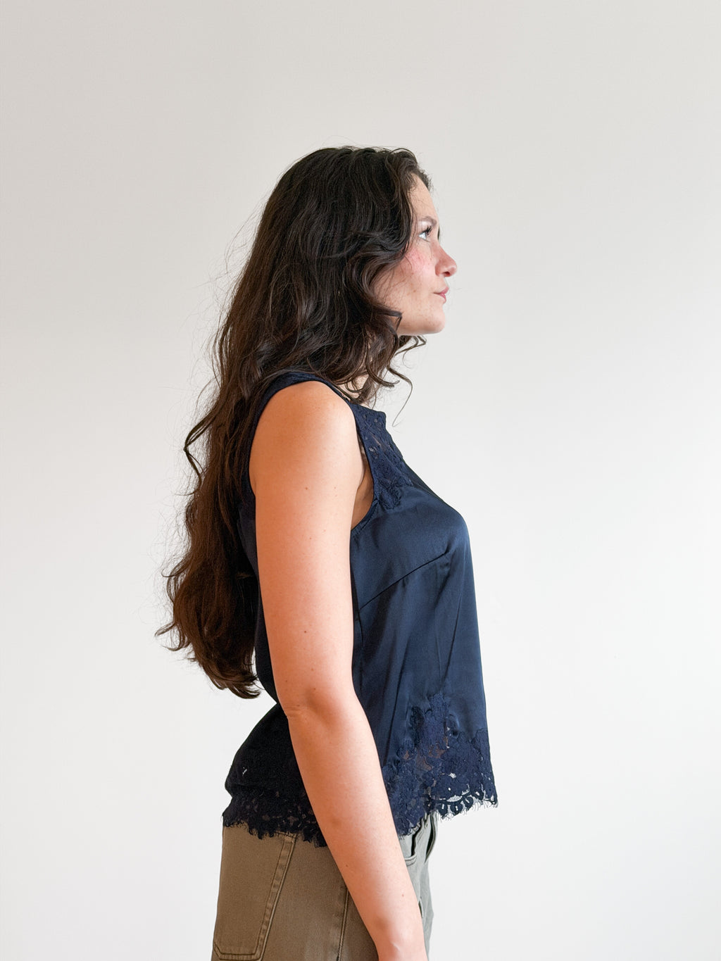 Hensley Lace Trim Sleeveless Satin Top (Navy)