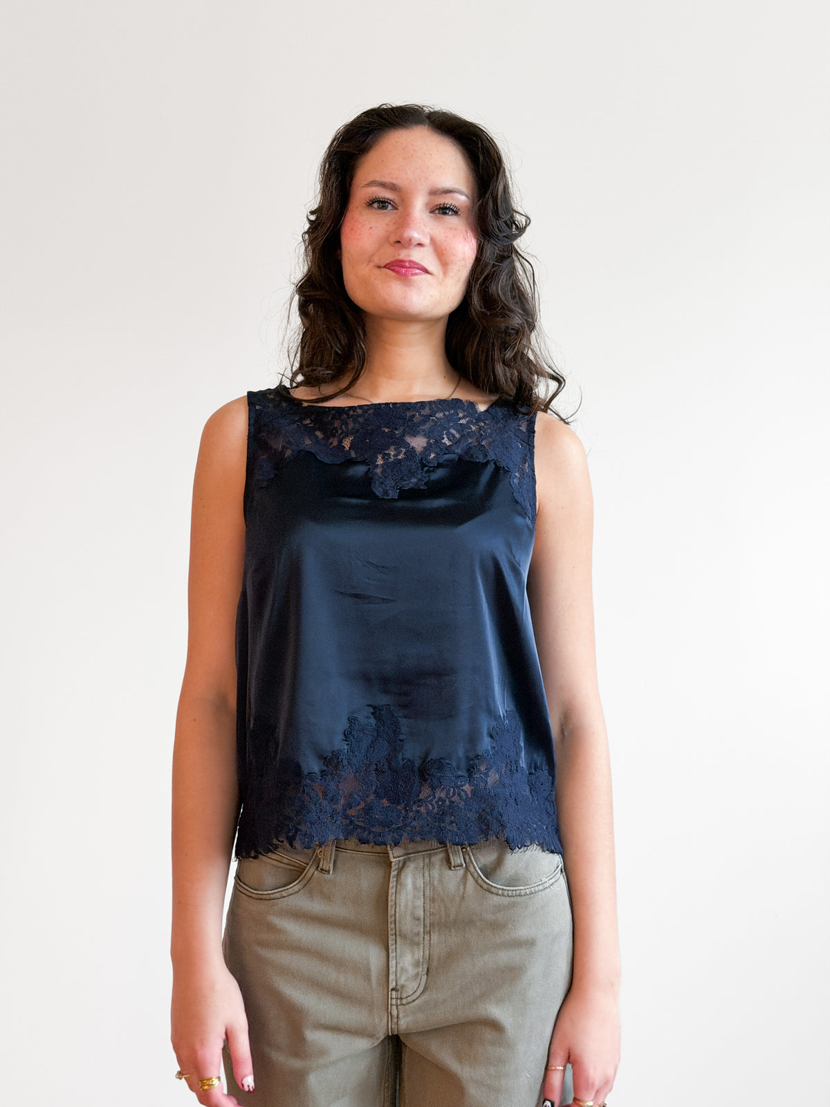 Hensley Lace Trim Sleeveless Satin Top (Navy)