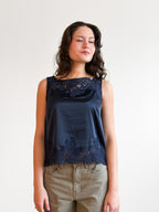 Hensley Lace Trim Sleeveless Satin Top (Navy)