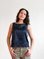Hensley Lace Trim Sleeveless Satin Top (Navy)