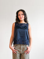 Hensley Lace Trim Sleeveless Satin Top (Navy)