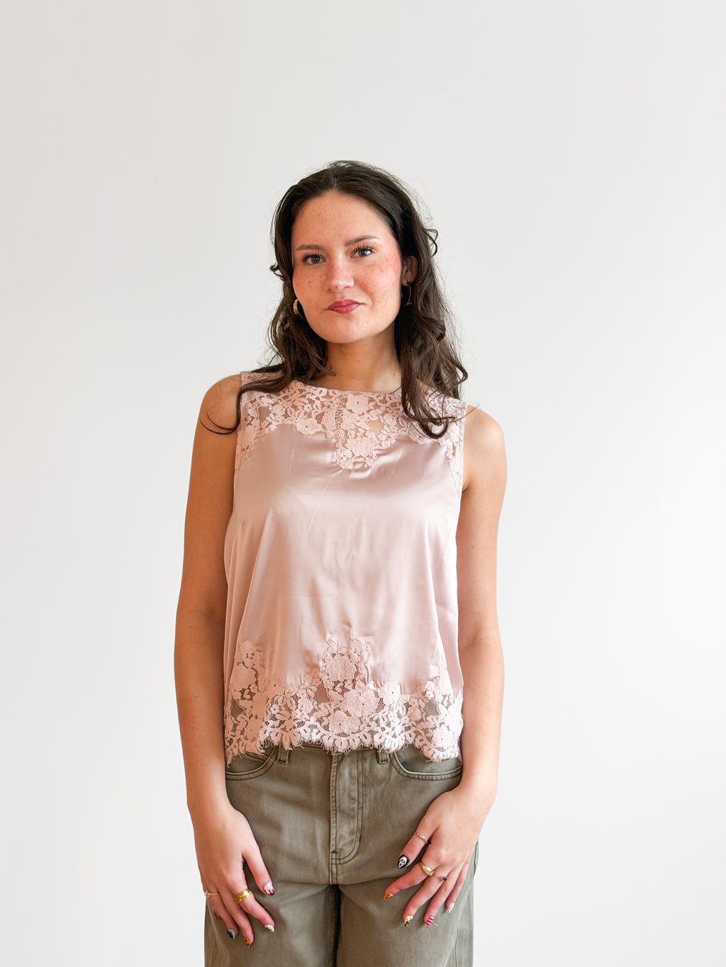 Hensley Lace Trim Sleeveless Satin Top (Pink)