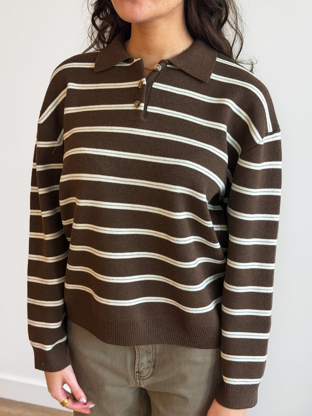 Imogen Brown Stripe Button Collared Long Sleeve Knit Top