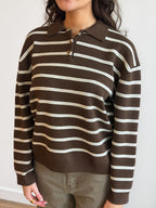 Imogen Brown Stripe Button Collared Long Sleeve Knit Top