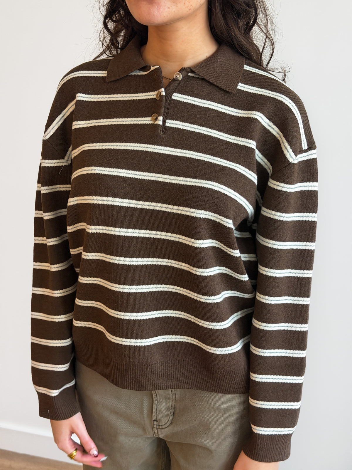 Imogen Brown Stripe Button Collared Long Sleeve Knit Top