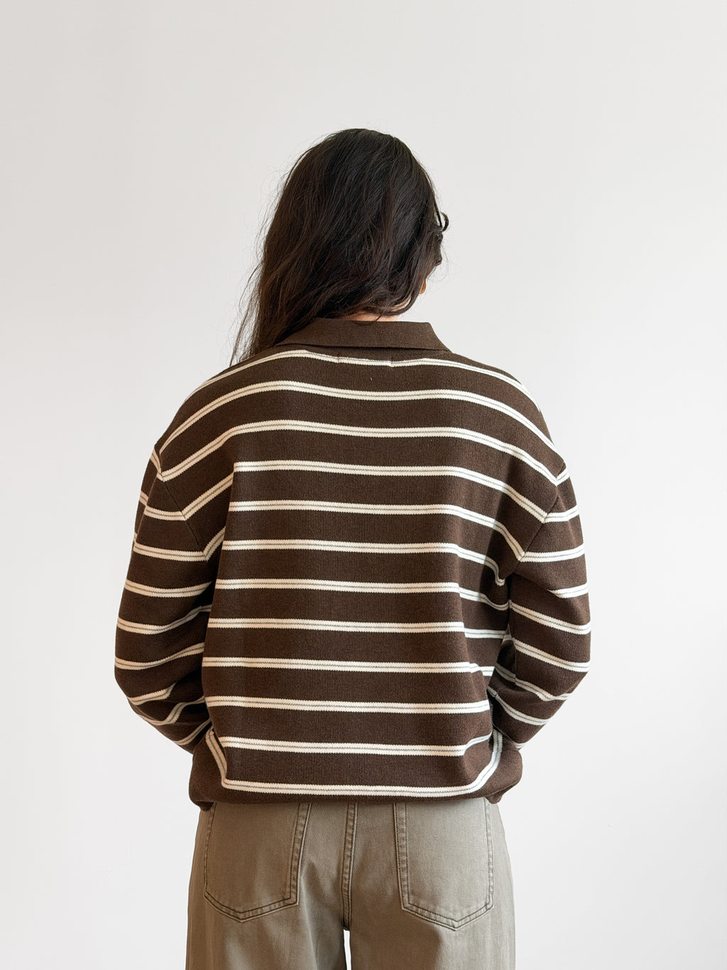 Imogen Brown Stripe Button Collared Long Sleeve Knit Top