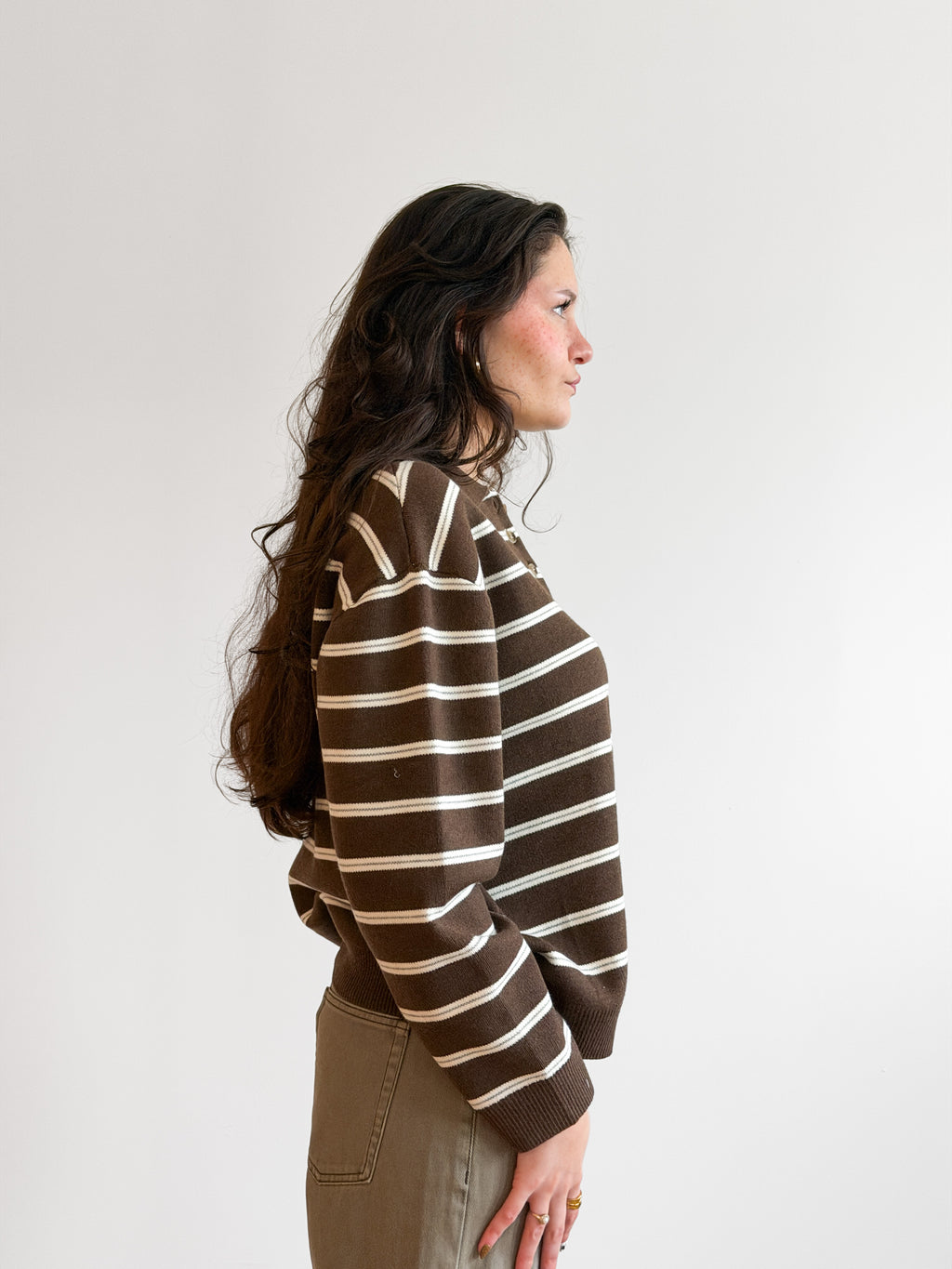 Imogen Brown Stripe Button Collared Long Sleeve Knit Top