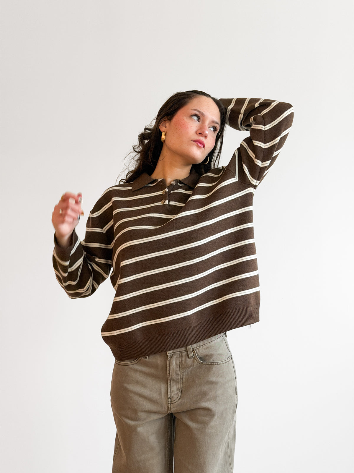 Imogen Brown Stripe Button Collared Long Sleeve Knit Top