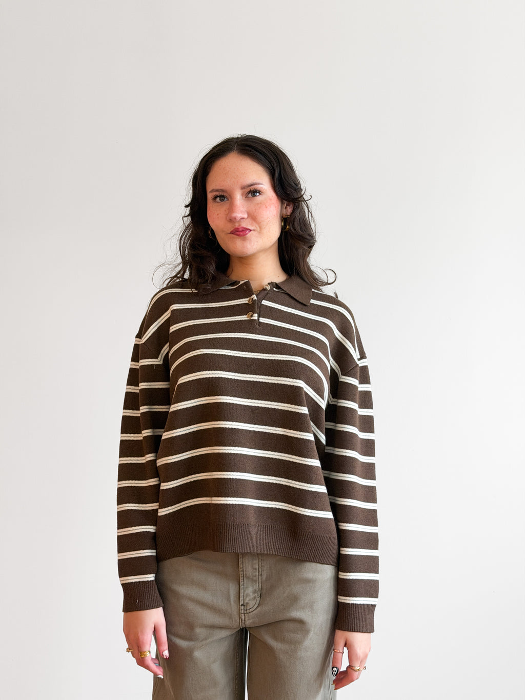 Imogen Brown Stripe Button Collared Long Sleeve Knit Top