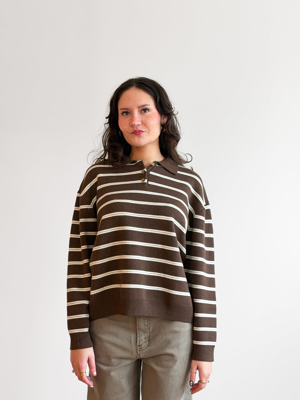 Imogen Brown Stripe Button Collared Long Sleeve Knit Top