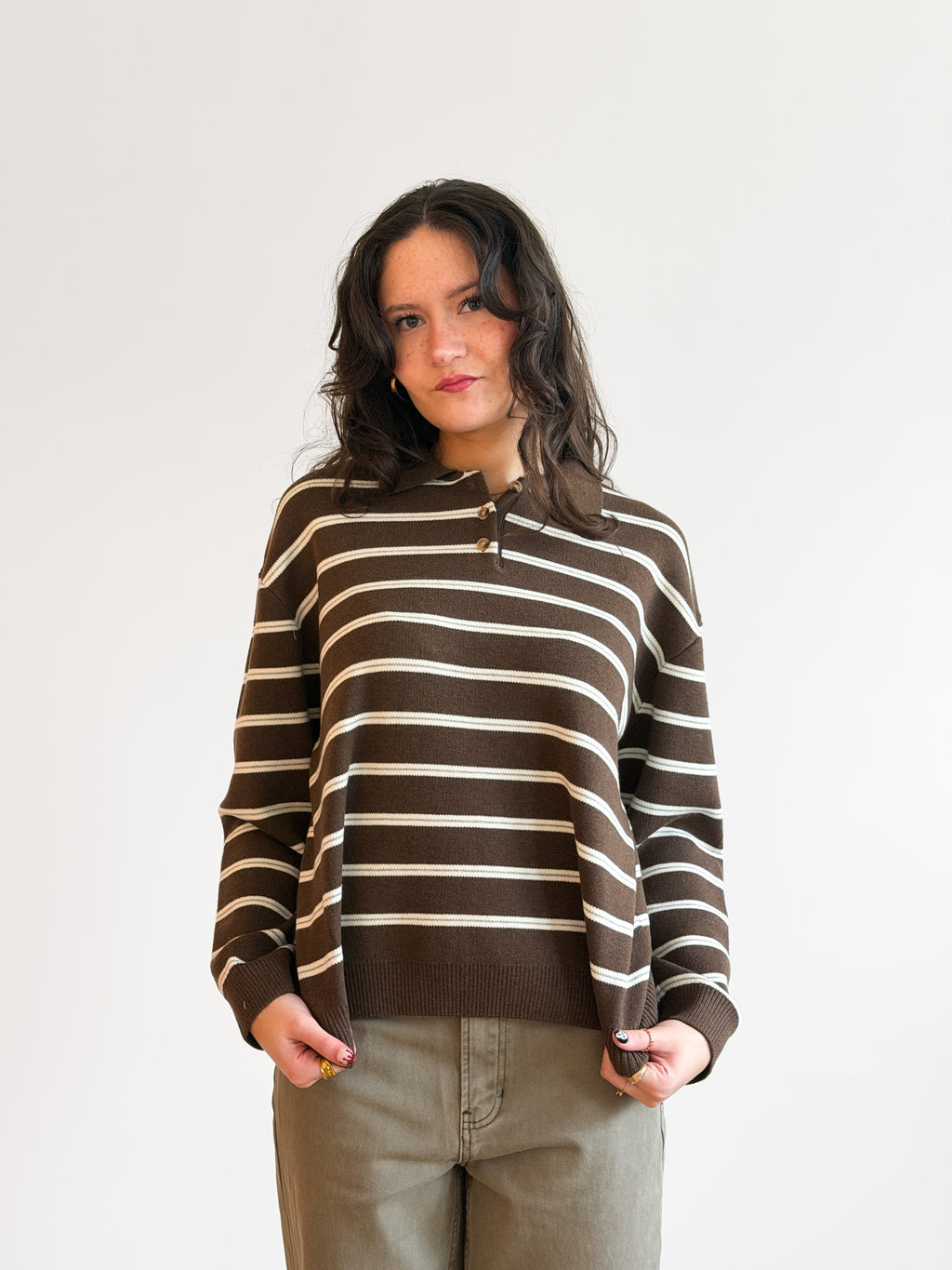 Imogen Brown Stripe Button Collared Long Sleeve Knit Top