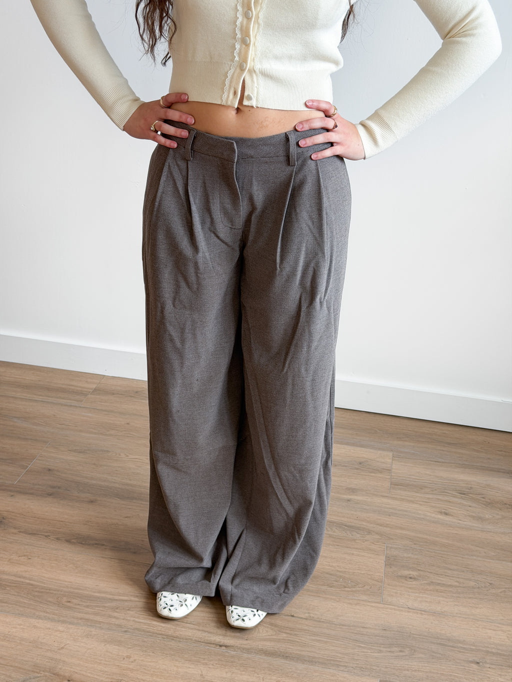 Frankie Taupe Grey Wide Leg Twill Trouser Pants