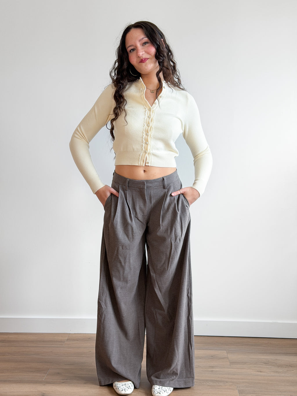 Frankie Taupe Grey Wide Leg Twill Trouser Pants