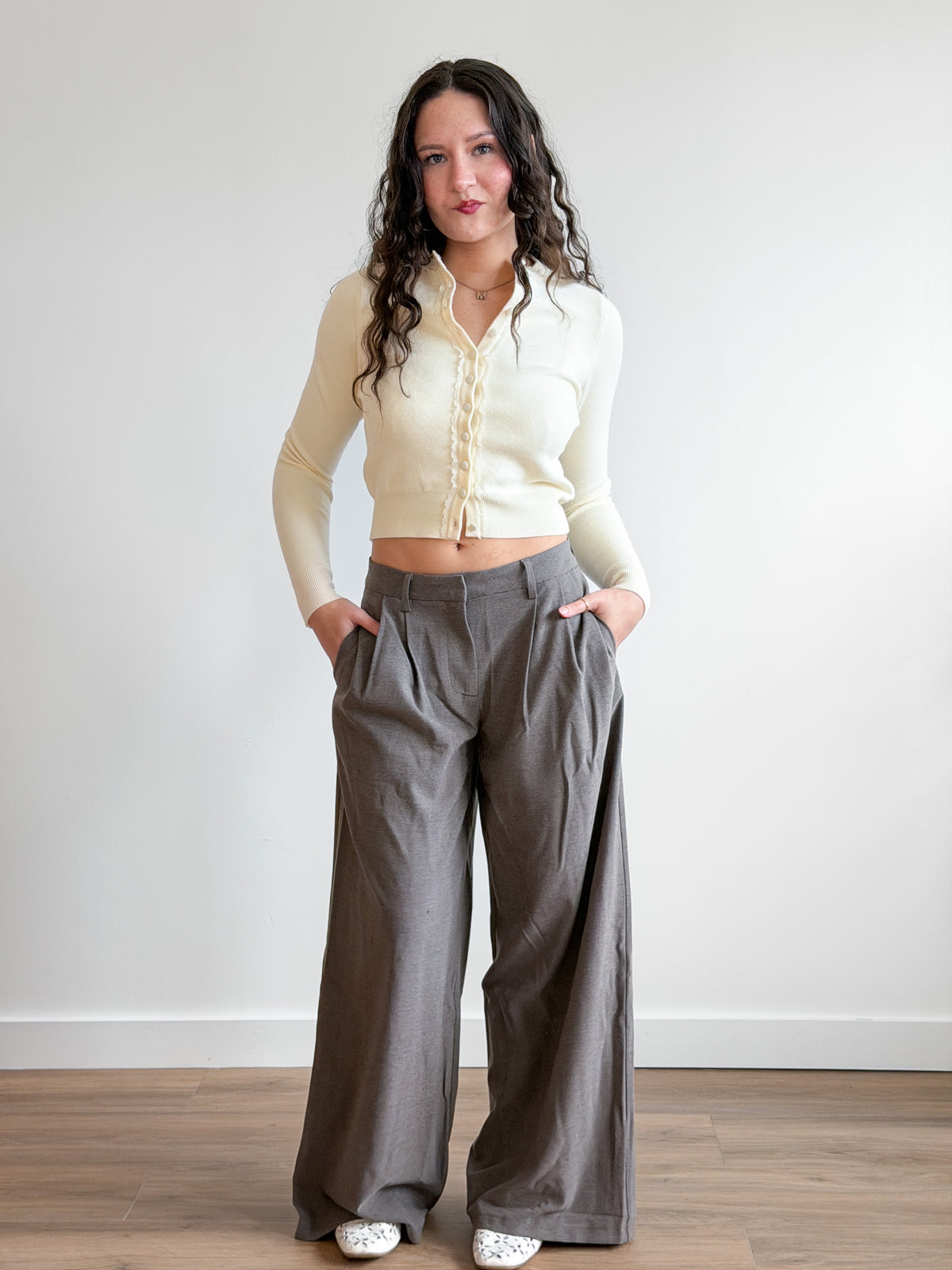Frankie Taupe Grey Wide Leg Twill Trouser Pants