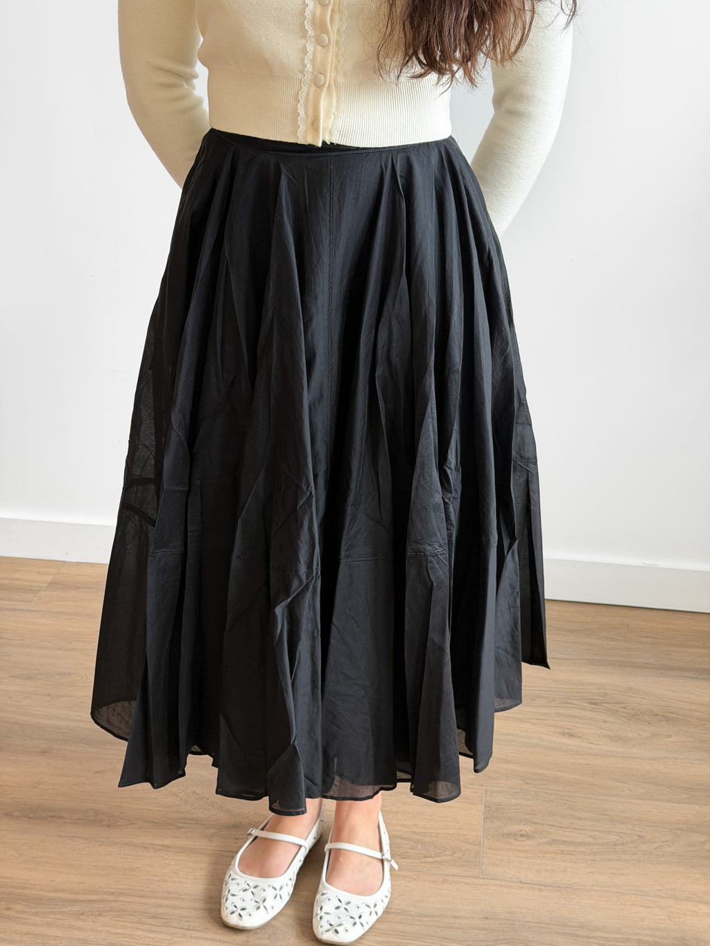 PINCH Fiona Chiffon A-Line Pleated Midi Skirt (Black)