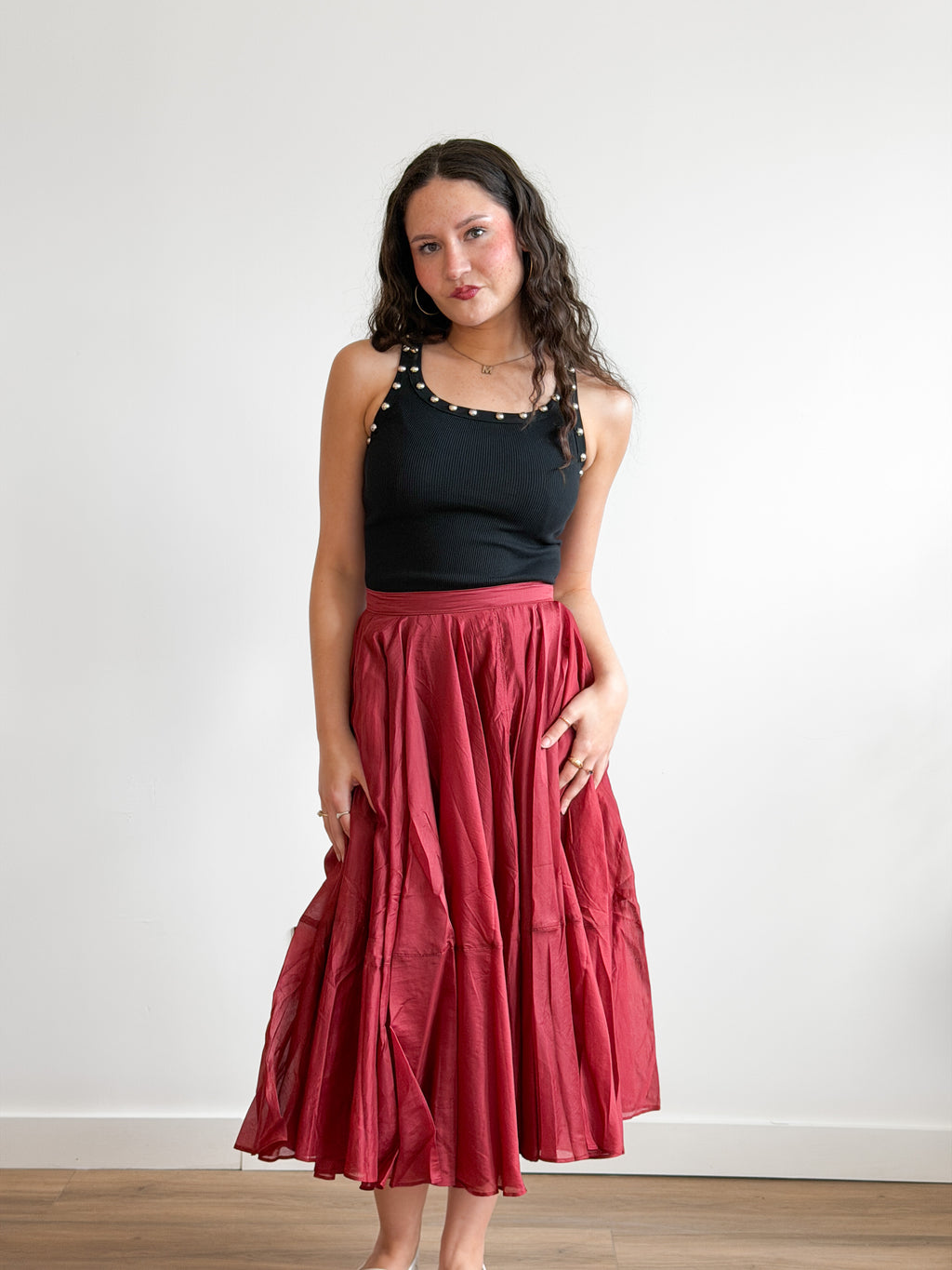PINCH Fiona Chiffon A-Line Pleated Midi Skirt (Rust)
