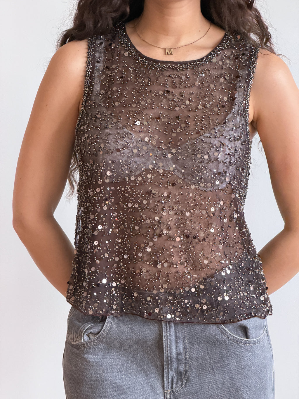 Francine Brown Sequin Beaded Mesh Tank Top