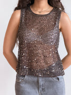 Francine Brown Sequin Beaded Mesh Tank Top
