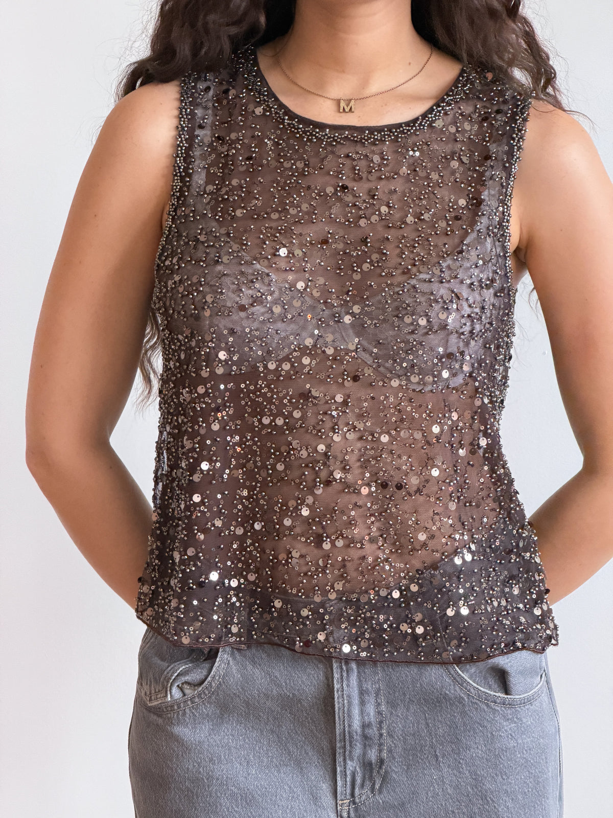 Francine Brown Sequin Beaded Mesh Tank Top