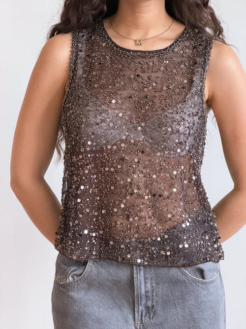 Francine Brown Sequin Beaded Mesh Tank Top