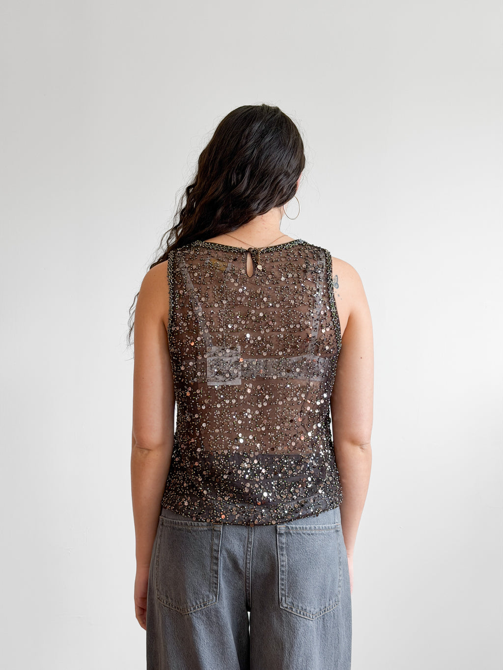 Francine Brown Sequin Beaded Mesh Tank Top