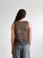 Francine Brown Sequin Beaded Mesh Tank Top