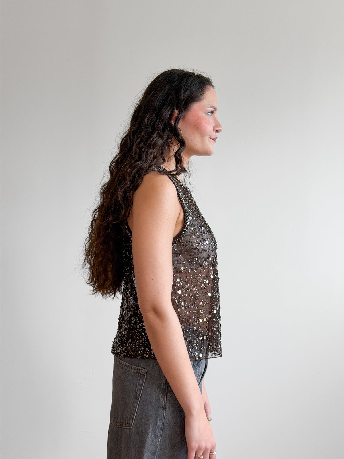 Francine Brown Sequin Beaded Mesh Tank Top