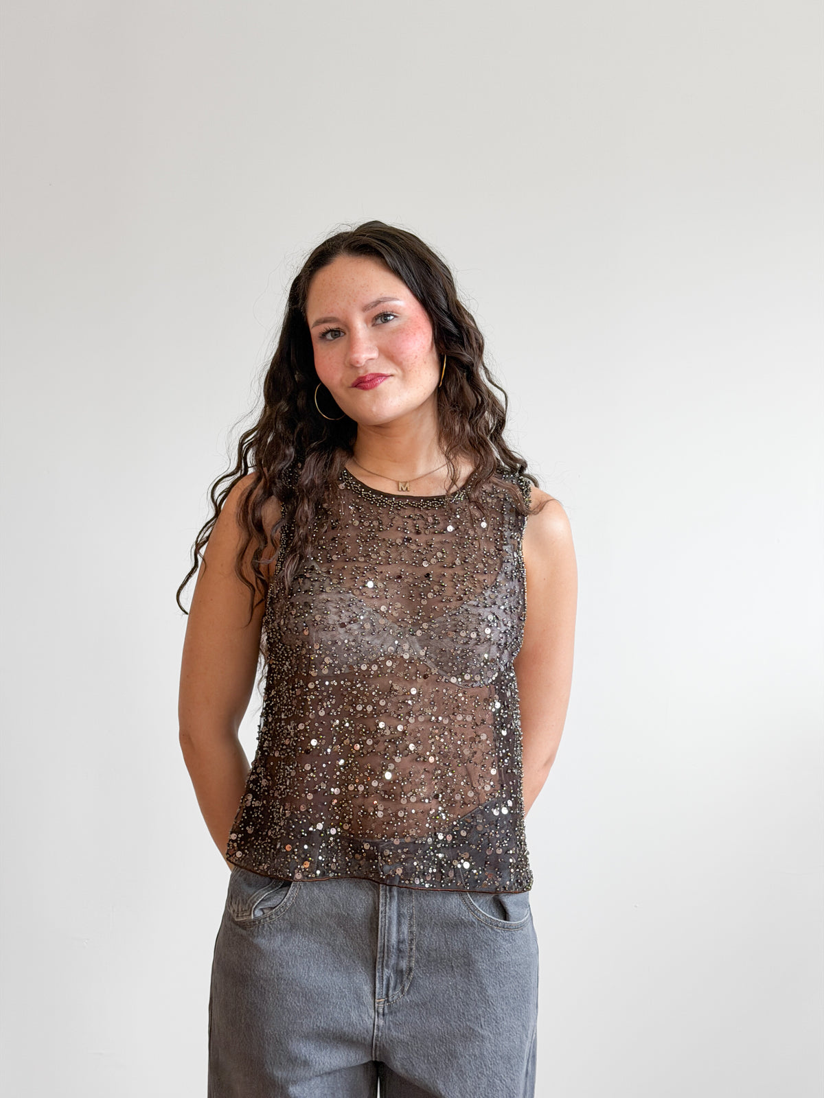 Francine Brown Sequin Beaded Mesh Tank Top