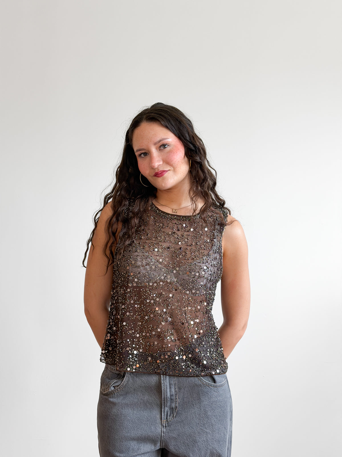 Francine Brown Sequin Beaded Mesh Tank Top