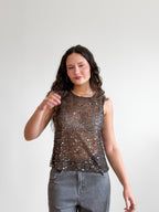 Francine Brown Sequin Beaded Mesh Tank Top
