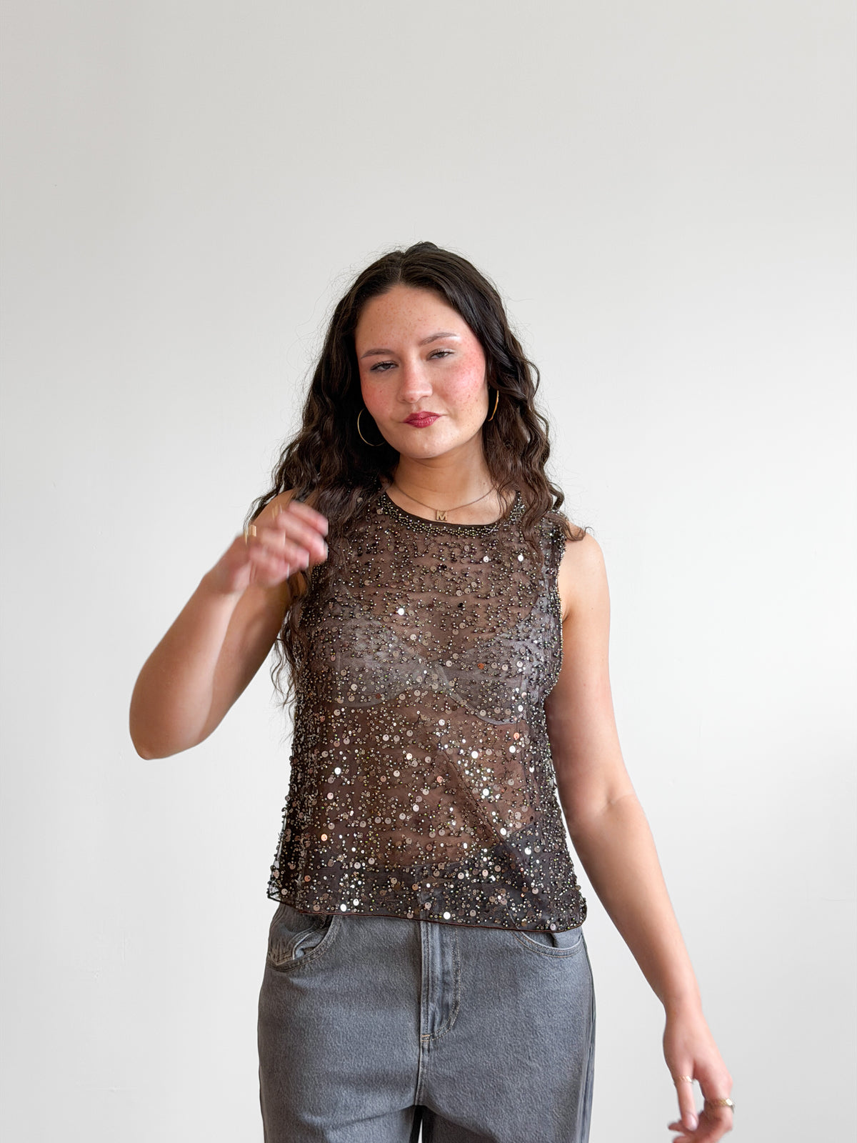 Francine Brown Sequin Beaded Mesh Tank Top
