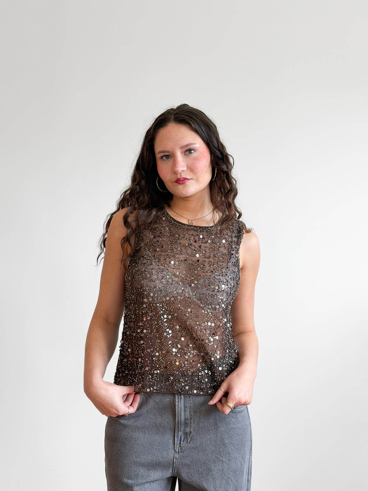 Francine Brown Sequin Beaded Mesh Tank Top