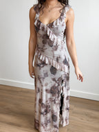 Florence Lilac Abstract Print Ruffle Mesh Maxi Dress