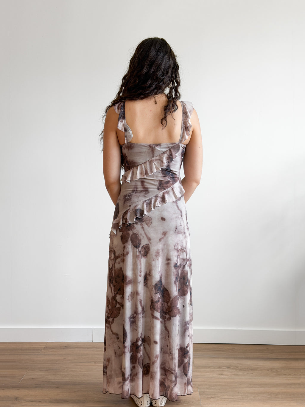 Florence Lilac Abstract Print Ruffle Mesh Maxi Dress