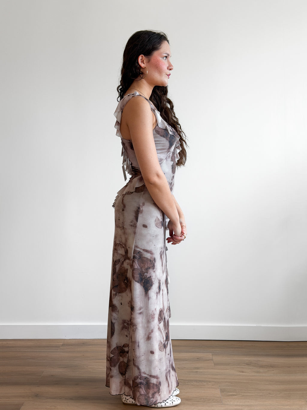 Florence Lilac Abstract Print Ruffle Mesh Maxi Dress