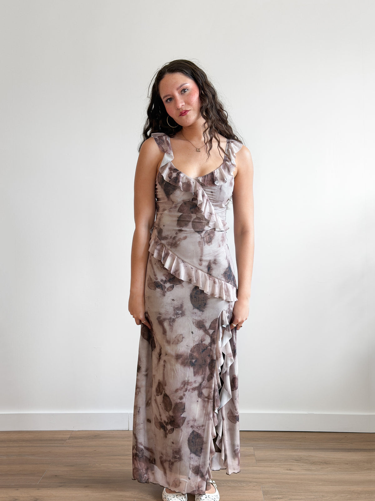 Florence Lilac Abstract Print Ruffle Mesh Maxi Dress